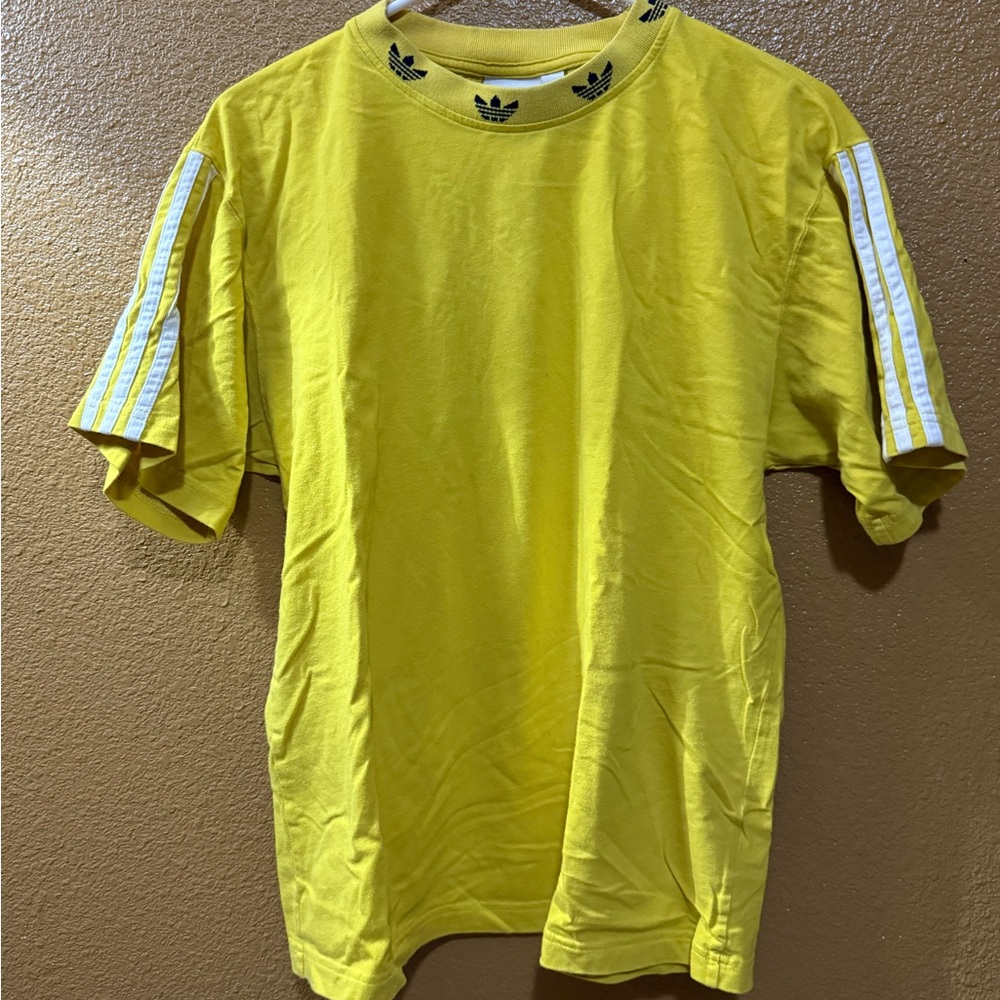 adidas Men’s Bright Yellow Trefoil Short Sleeve Tee with White Stripes